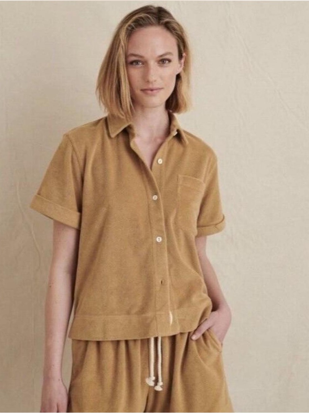 Alex Mill Benny Short-Sleeve Terry Button-Up Shirt - Camel